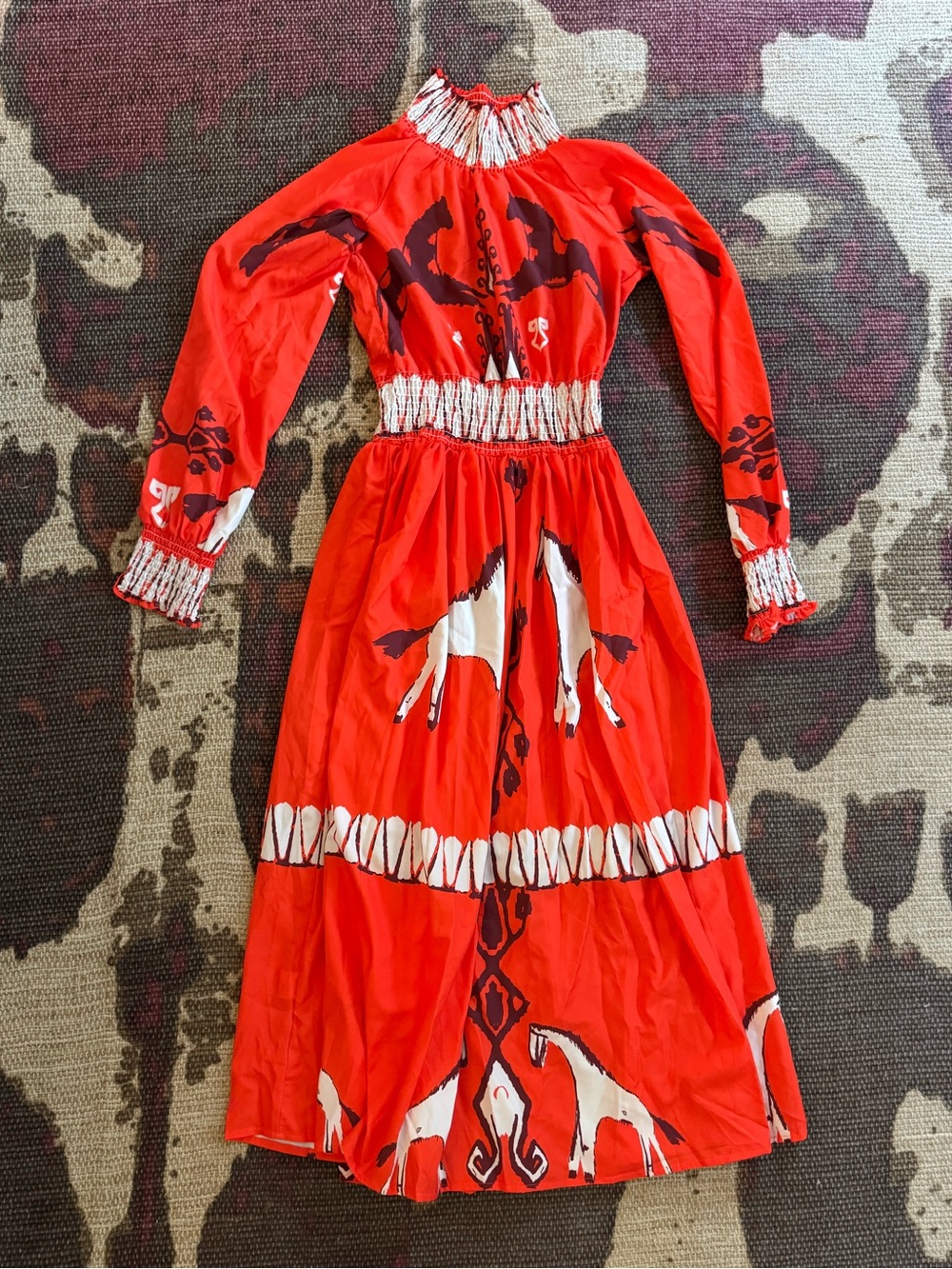 Orange Horse Print Maxi Dress with smocked waist and neck